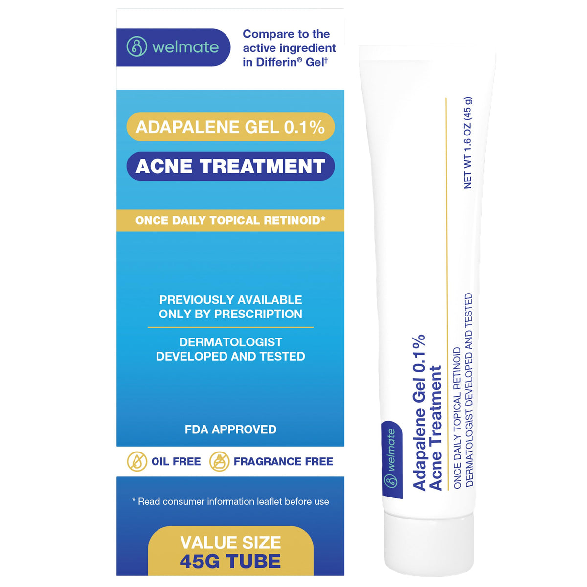 WELMATE Adapalene Gel 0.1% two-tube bundle for extended acne care.