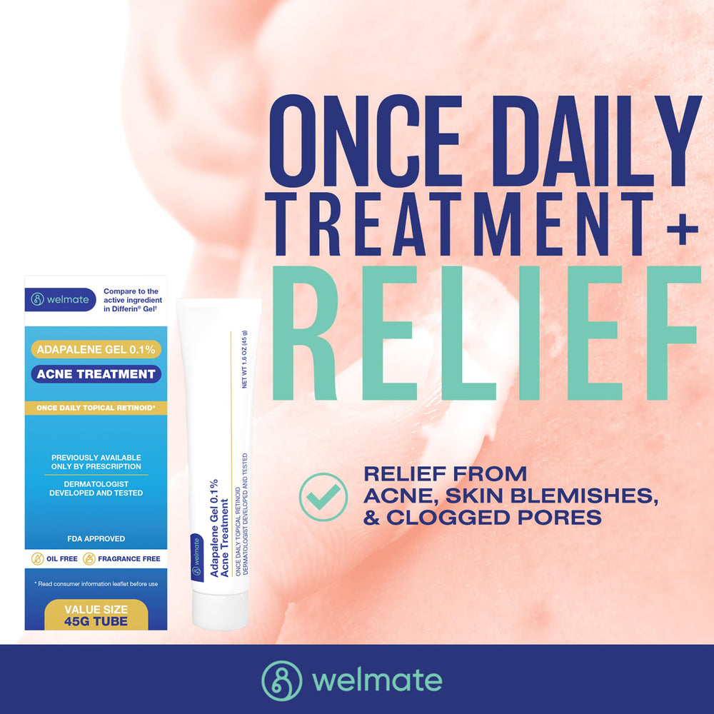 Dermatologist-tested WELMATE Adapalene Gel box and seal visible on packaging.