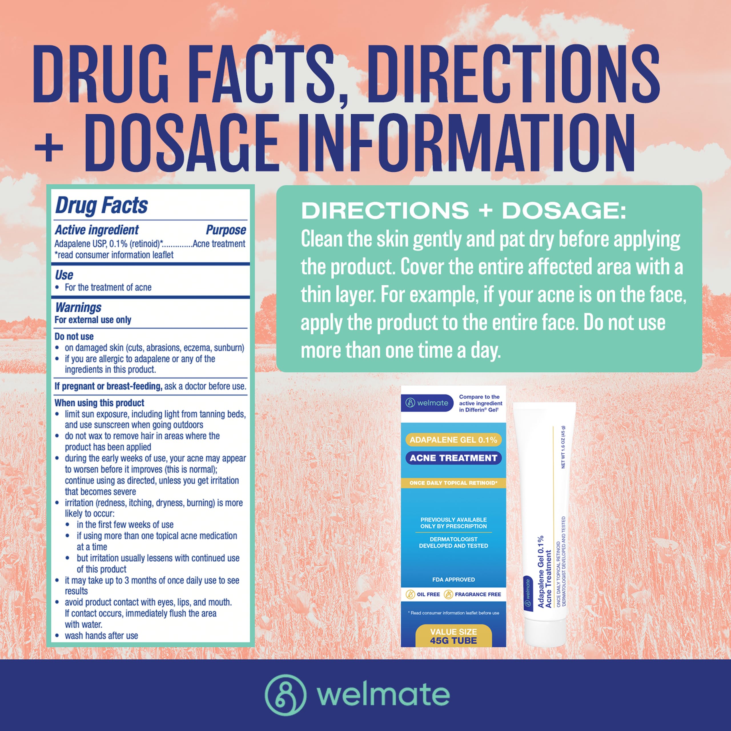 WELMATE Adapalene Gel packaging close-up highlighting OTC acne treatment.