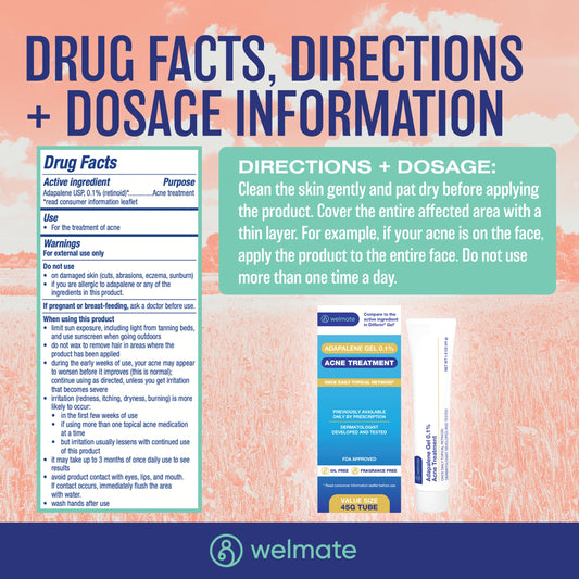 WELMATE Adapalene Gel packaging close-up highlighting OTC acne treatment.