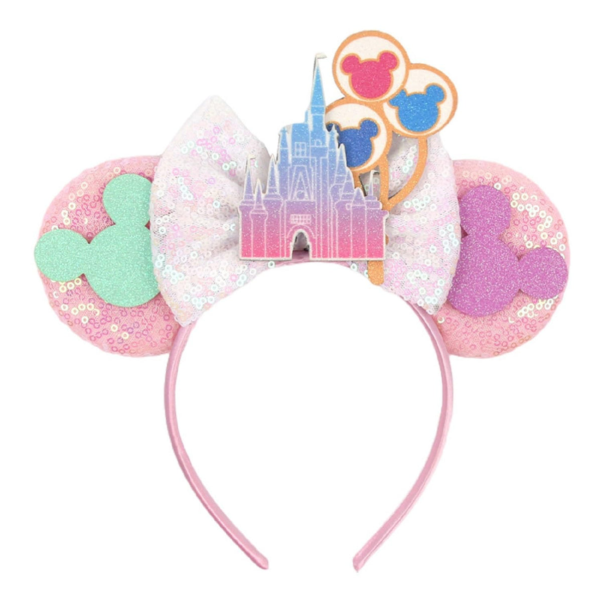 WelyHM glitter sequin mouse ears headband with castle balloon fireworks pattern for magical park moments