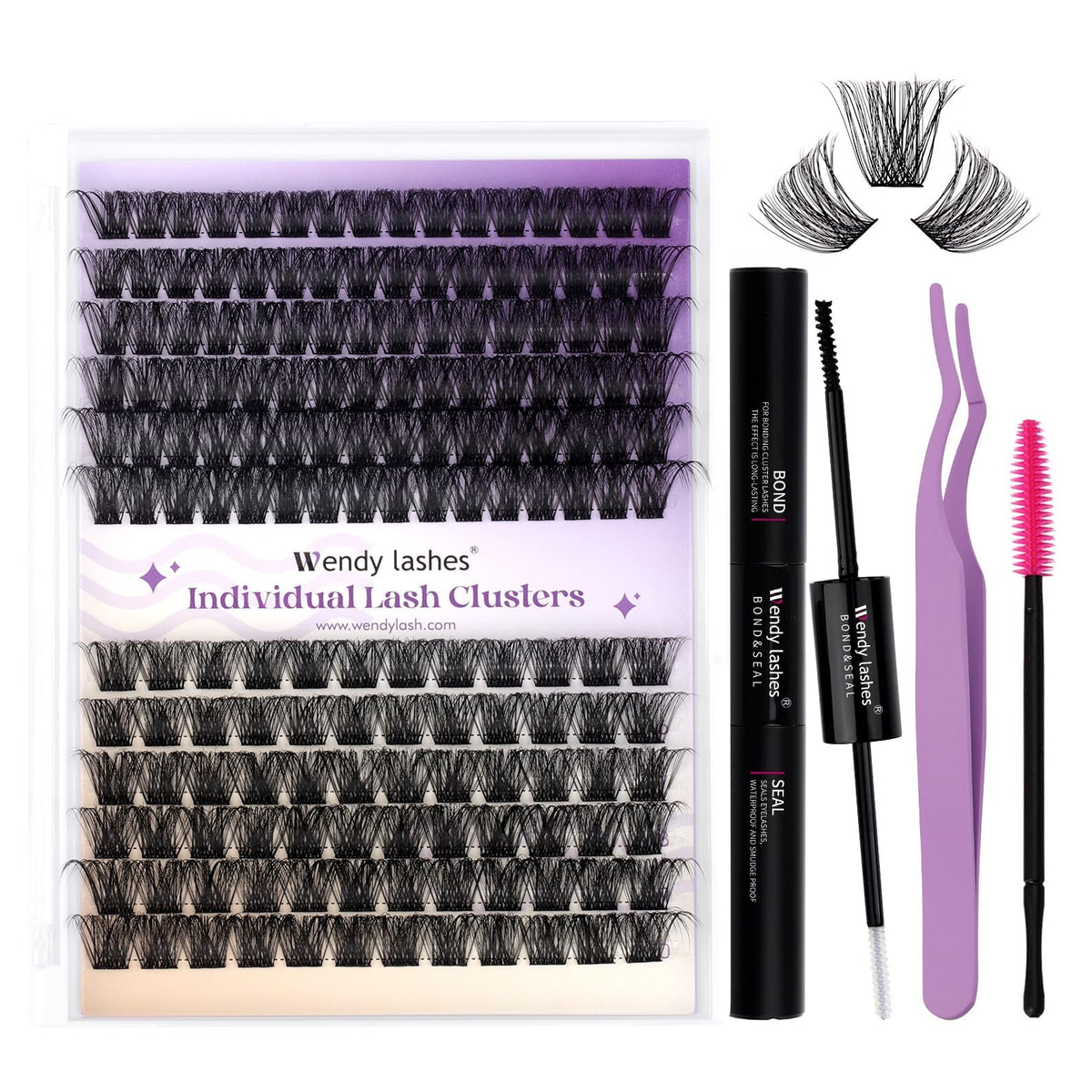 Wendy Lashes lash clusters kit packaging, at-home DIY enhancements.
