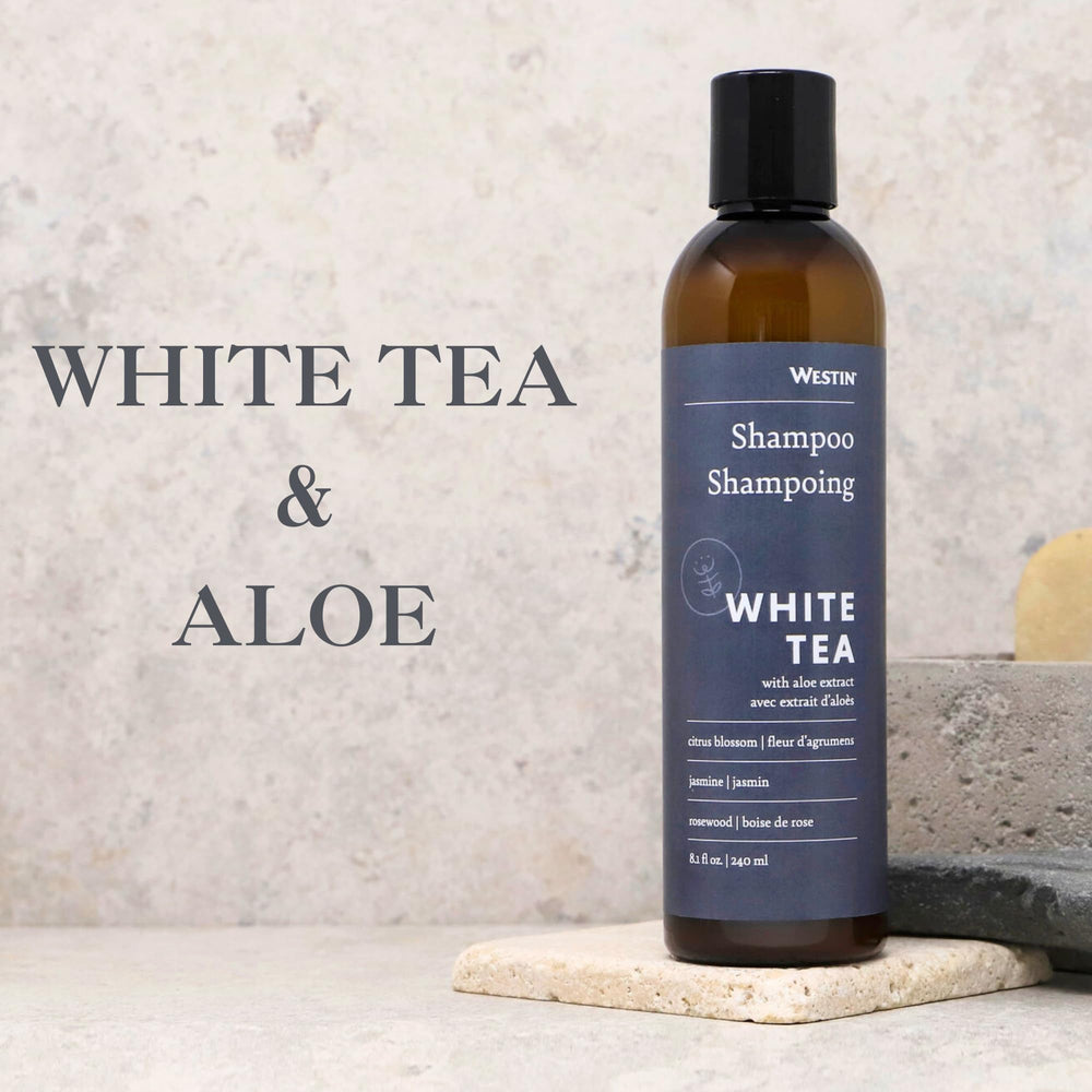 Westin White Tea Aloe Shampoo bottle pour shows easy dispensing for daily cleansing