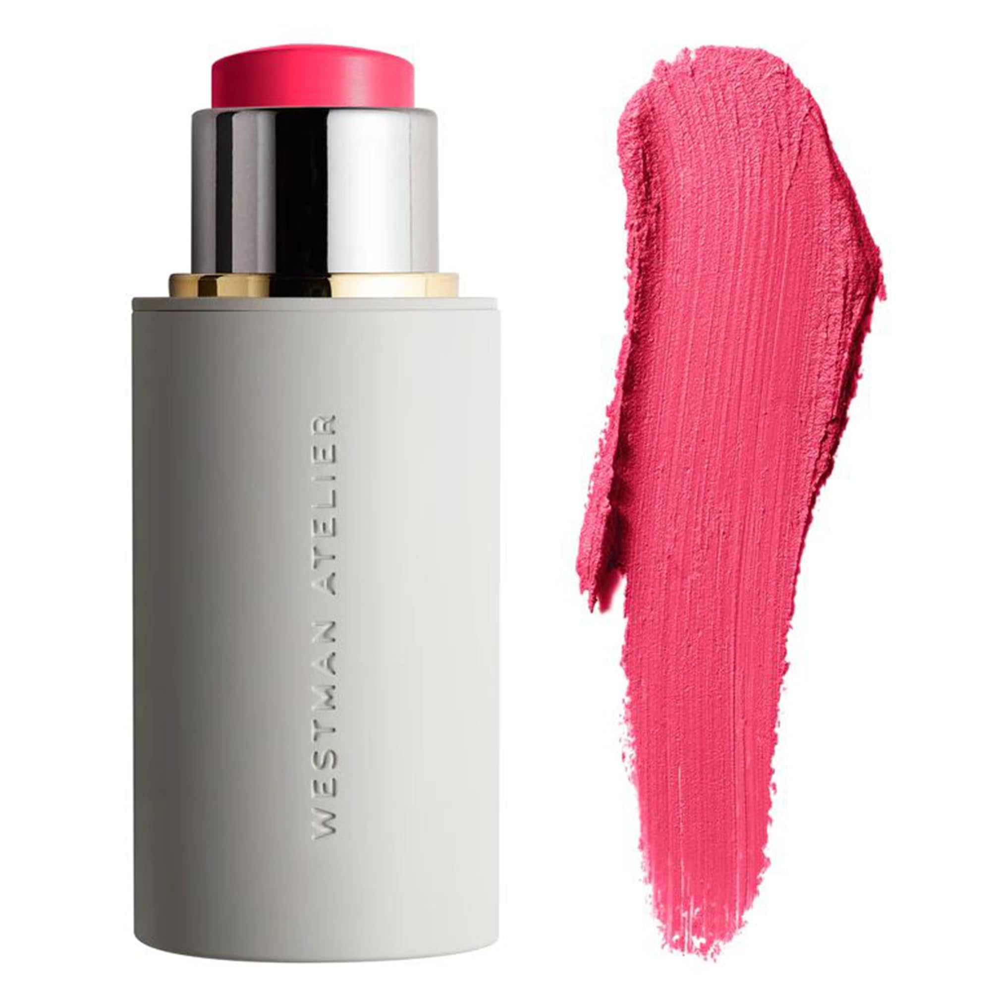 WESTMAN ATELIER Baby Cheeks Blush Stick Poppet swatch showing buildable pink glow on skin.