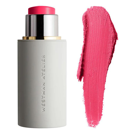 WESTMAN ATELIER Baby Cheeks Blush Stick Poppet swatch showing buildable pink glow on skin.