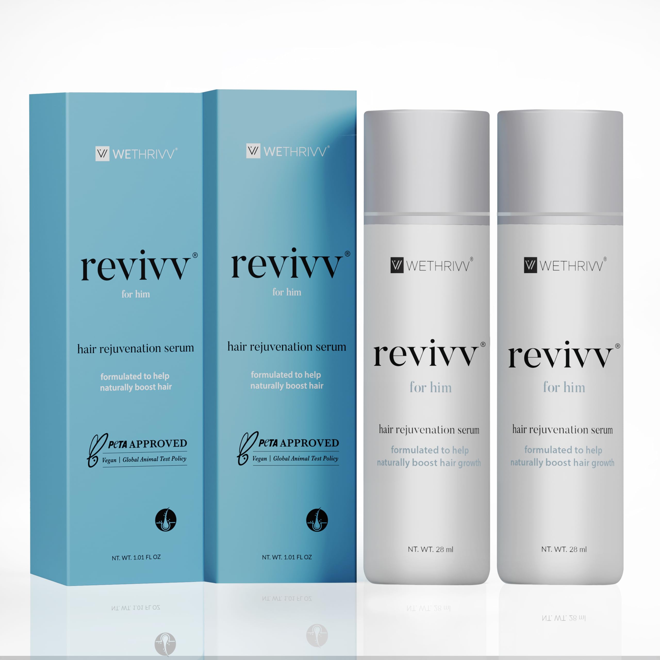 WETHRIVV REVIVV hair growth serum bottle shows natural formula for fuller hair