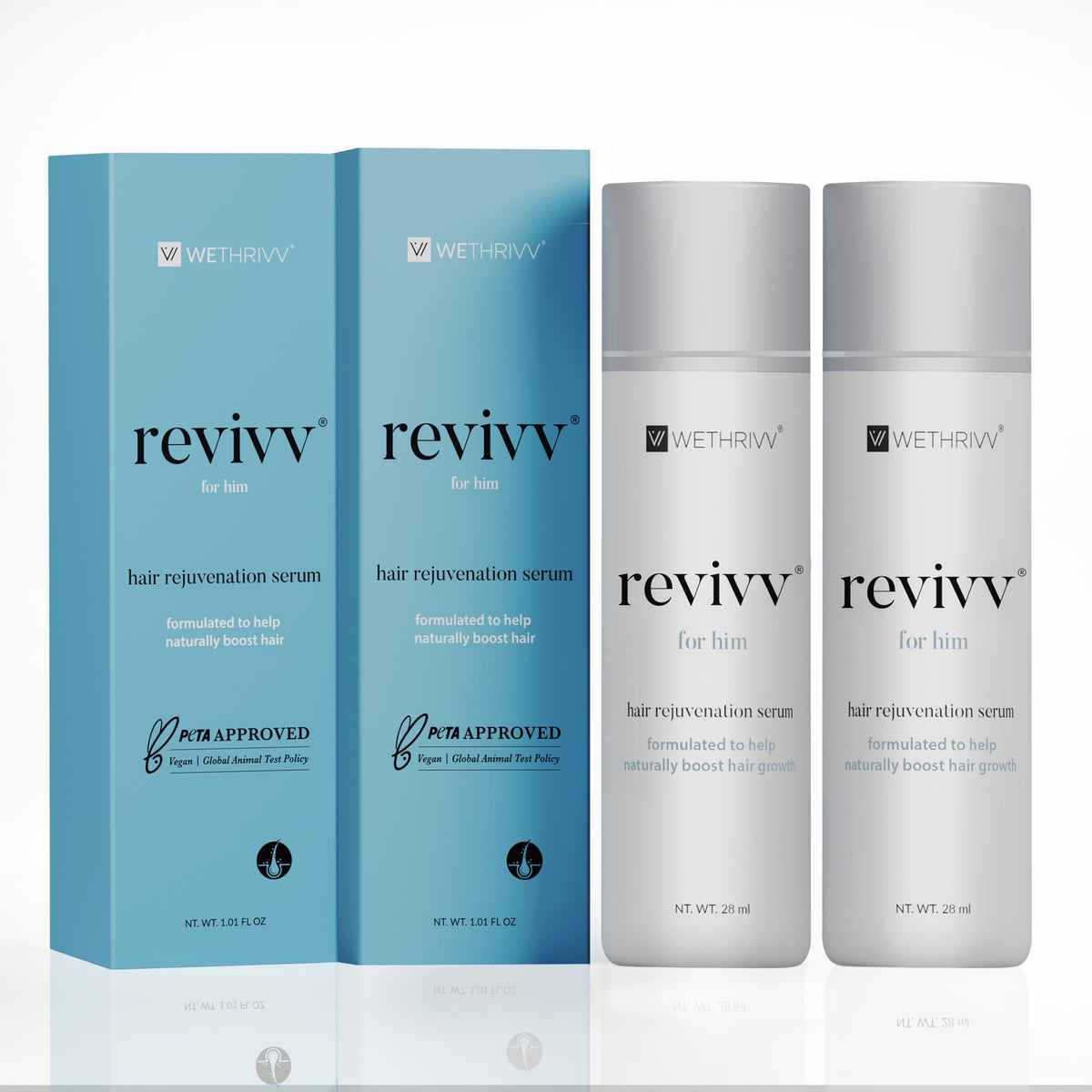 WETHRIVV REVIVV hair growth serum bottle shows natural formula for fuller hair