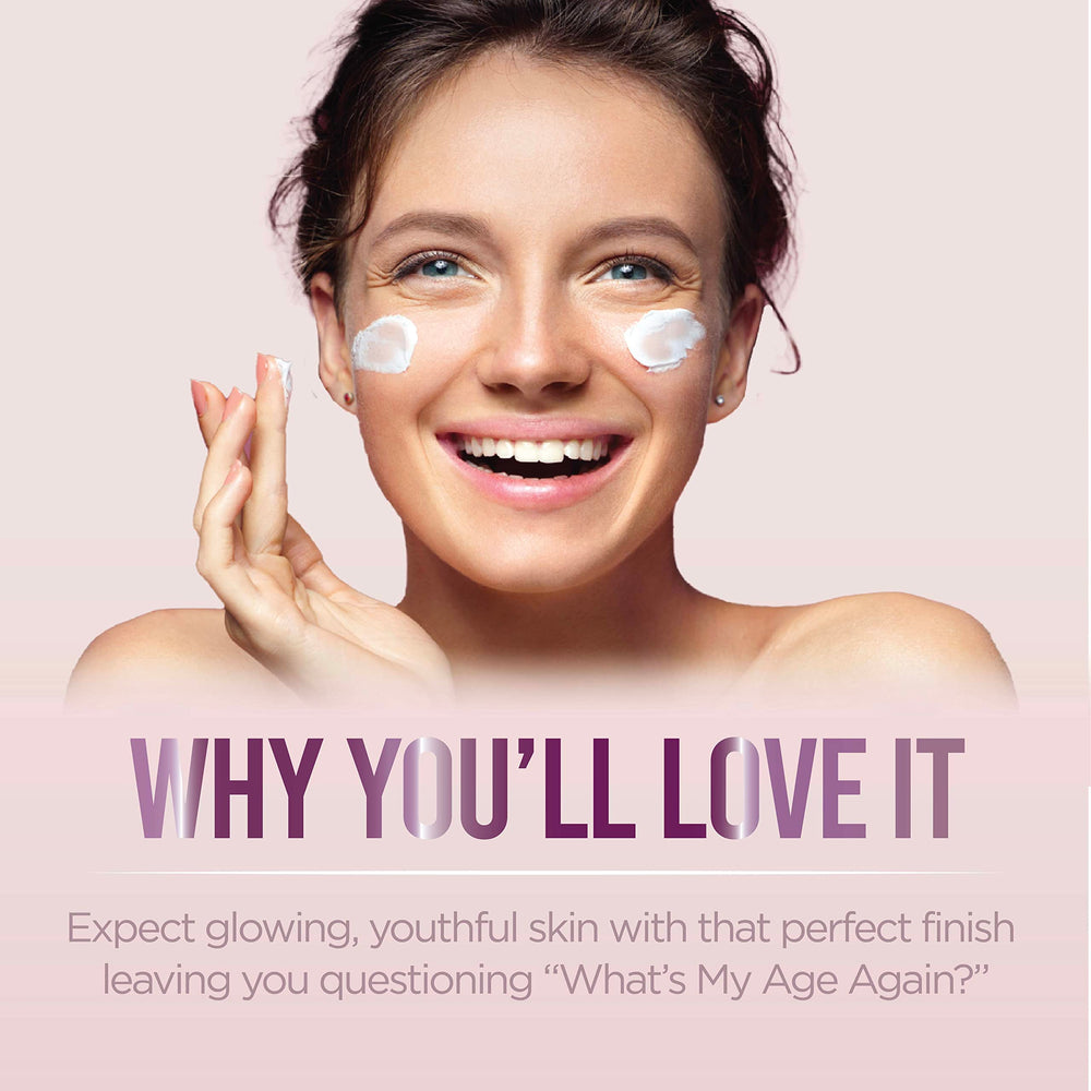 Application swatch on skin demonstrates plump, smoothing effect.
