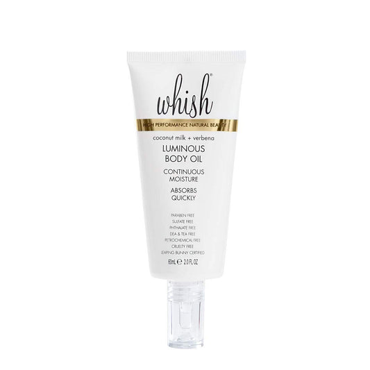 Whish Coconut Milk + Verbena Body Oil bottle close-up for radiant hydration