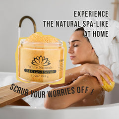 White Naturals 24K Gold Scrub jar radiates glow, inviting daily pampering.