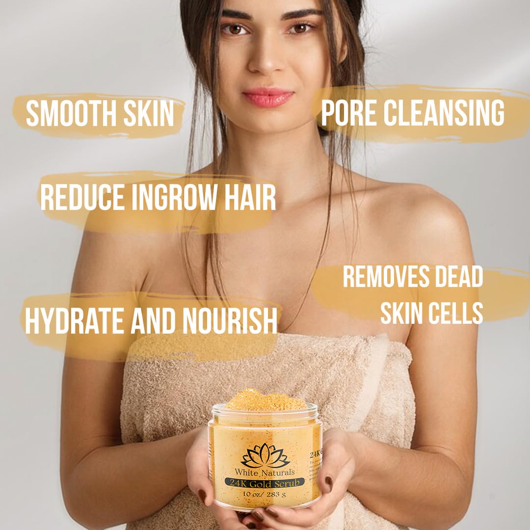White Naturals 24K Gold Scrub sugar crystals close-up highlighting texture.