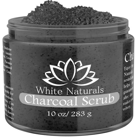 White Naturals activated charcoal face scrub bottle shows detox cleansing action.