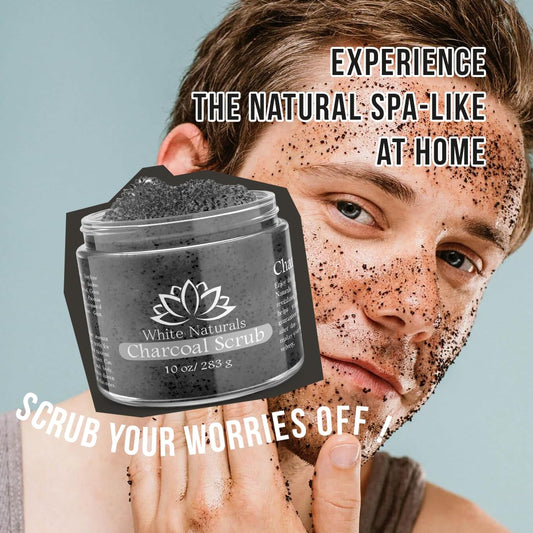 White Naturals activated charcoal scrub jar ready for exfoliation and hydration.