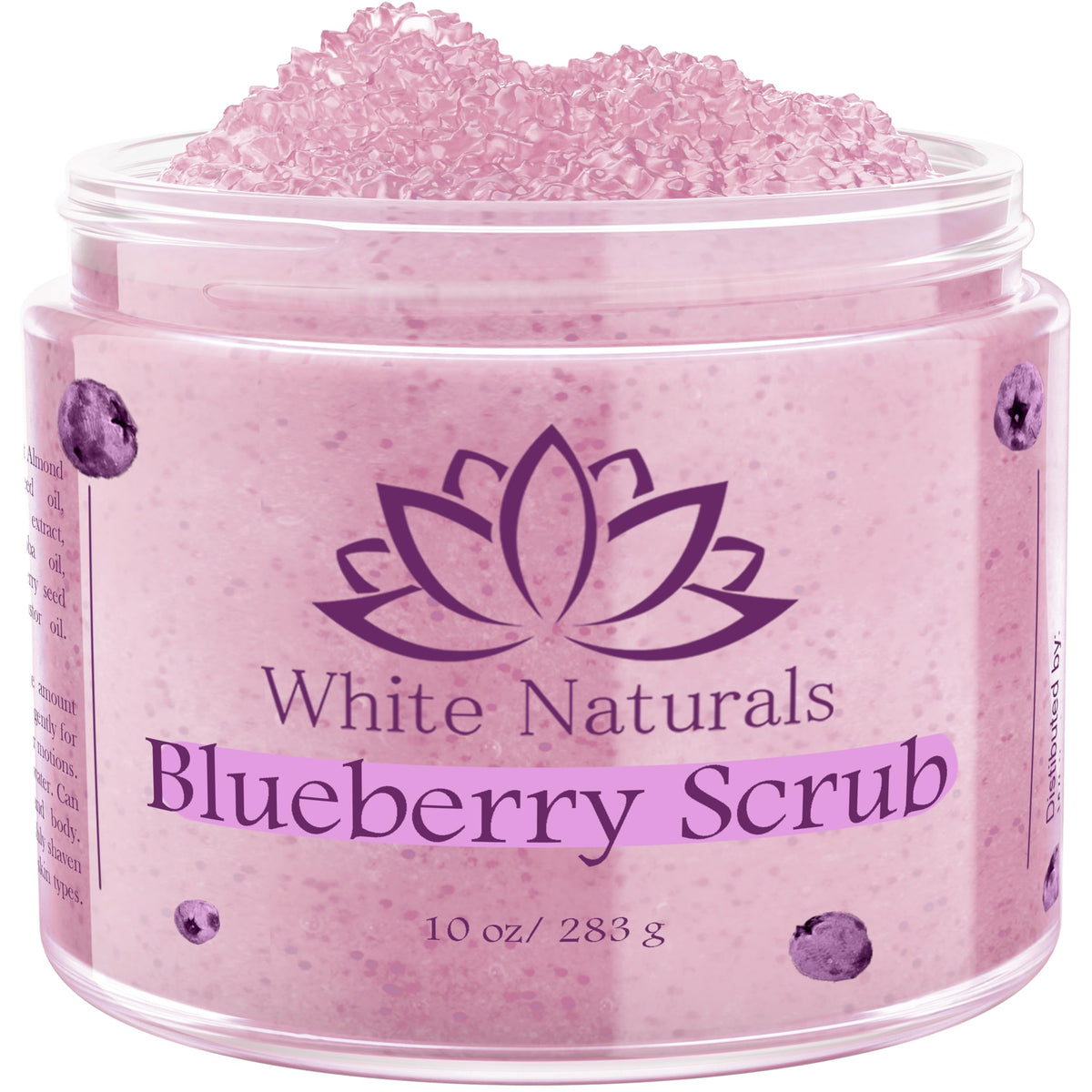 White Naturals Blueberry Scrub bottle ready for gentle exfoliation on skin.