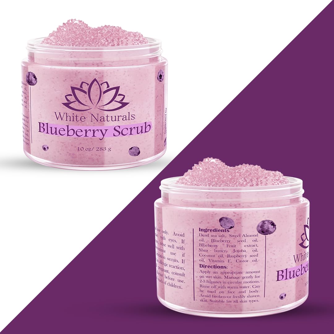 White Naturals Blueberry Scrub close-up shows creamy texture and jar lid.