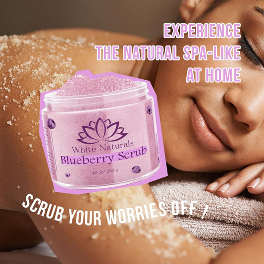 White Naturals Blueberry Scrub being poured for hydrating exfoliation.