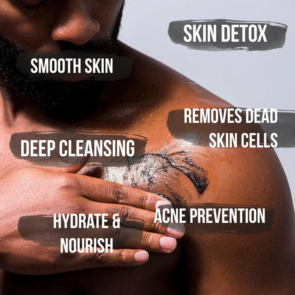 Hands applying White Naturals charcoal scrub for spa-like self-care ritual.
