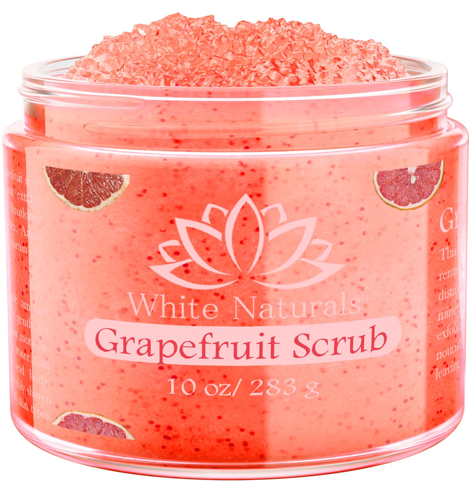 White Naturals Grapefruit Salt Scrub jar closeup highlighting exfoliating texture