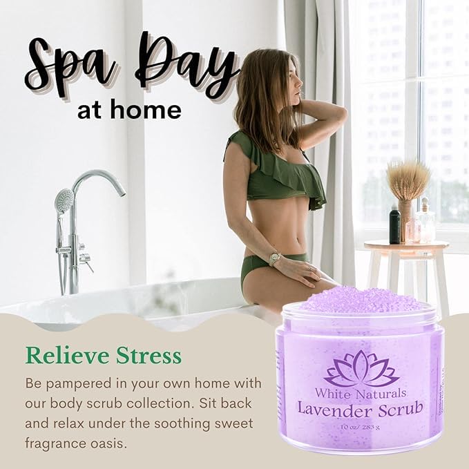 Spa-like bathroom setup featuring White Naturals Lavender Oil Body Scrub.