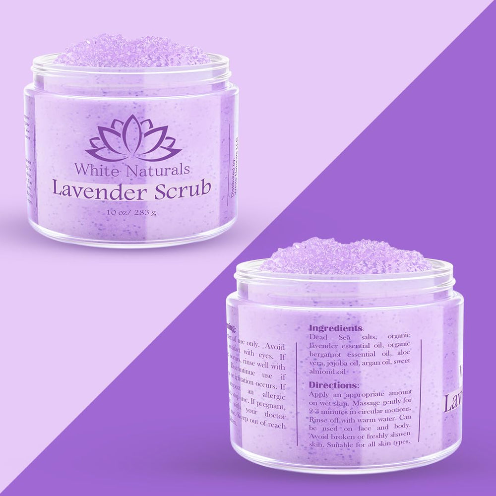 Hands applying White Naturals Lavender Oil Body Scrub in the shower for exfoliation.