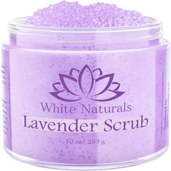 White Naturals Lavender Oil Body Scrub jar closeup for smooth skin.