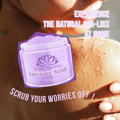 Texture closeup of White Naturals Lavender Oil Body Scrub showing exfoliating grains.