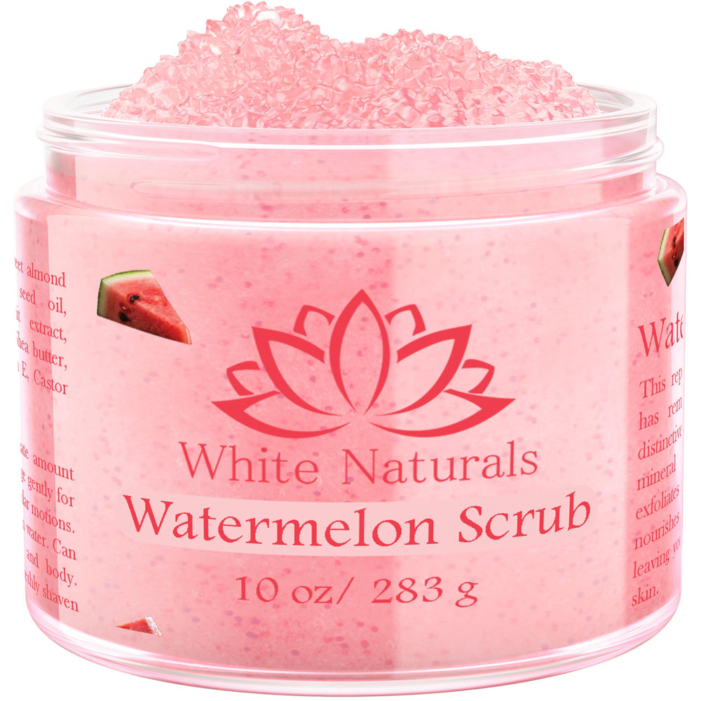 White Naturals Pink Watermelon Scrub bottle for gentle at-home exfoliation and hydration.