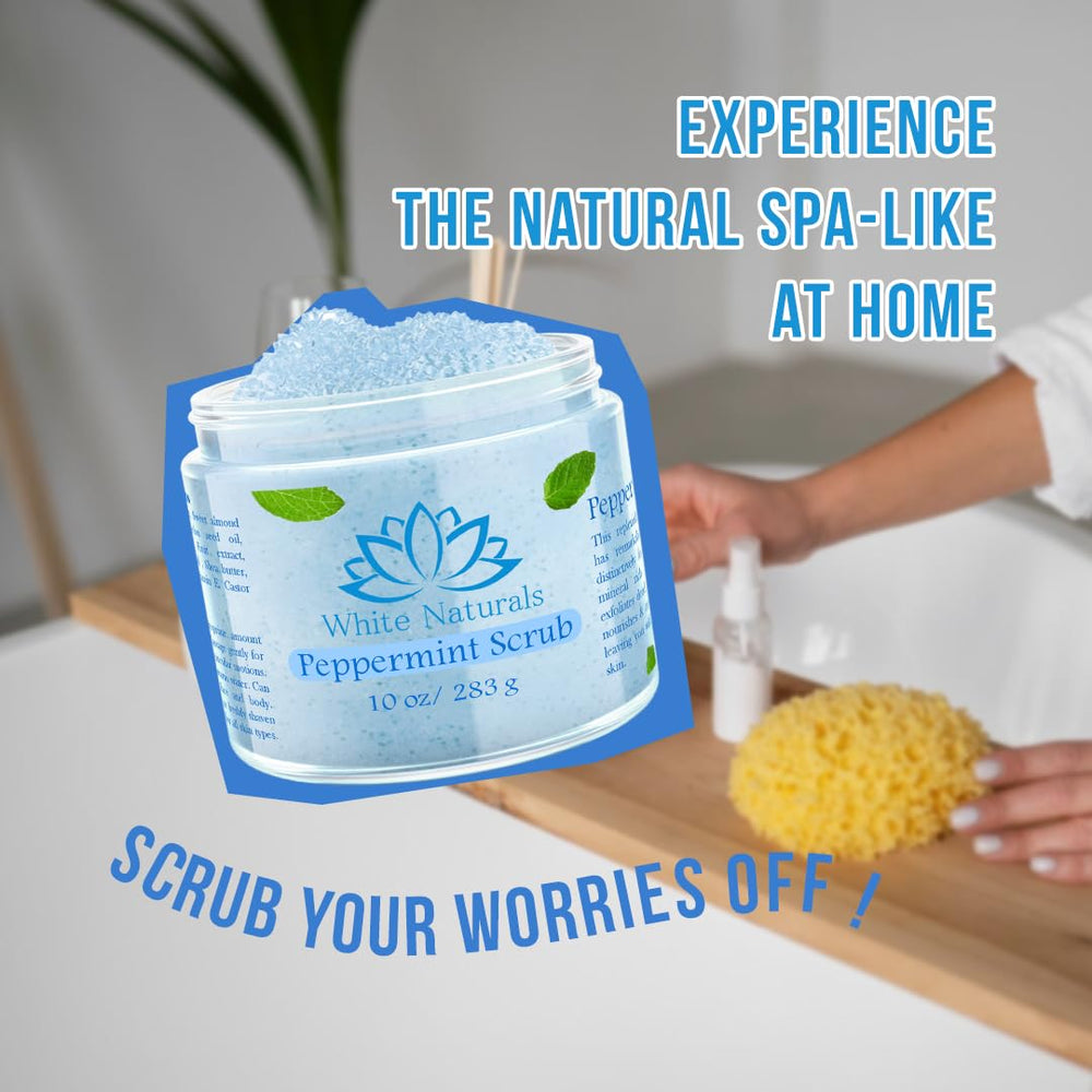 White Naturals Peppermint Scrub with Dead Sea Salt detail for exfoliation and hydration.