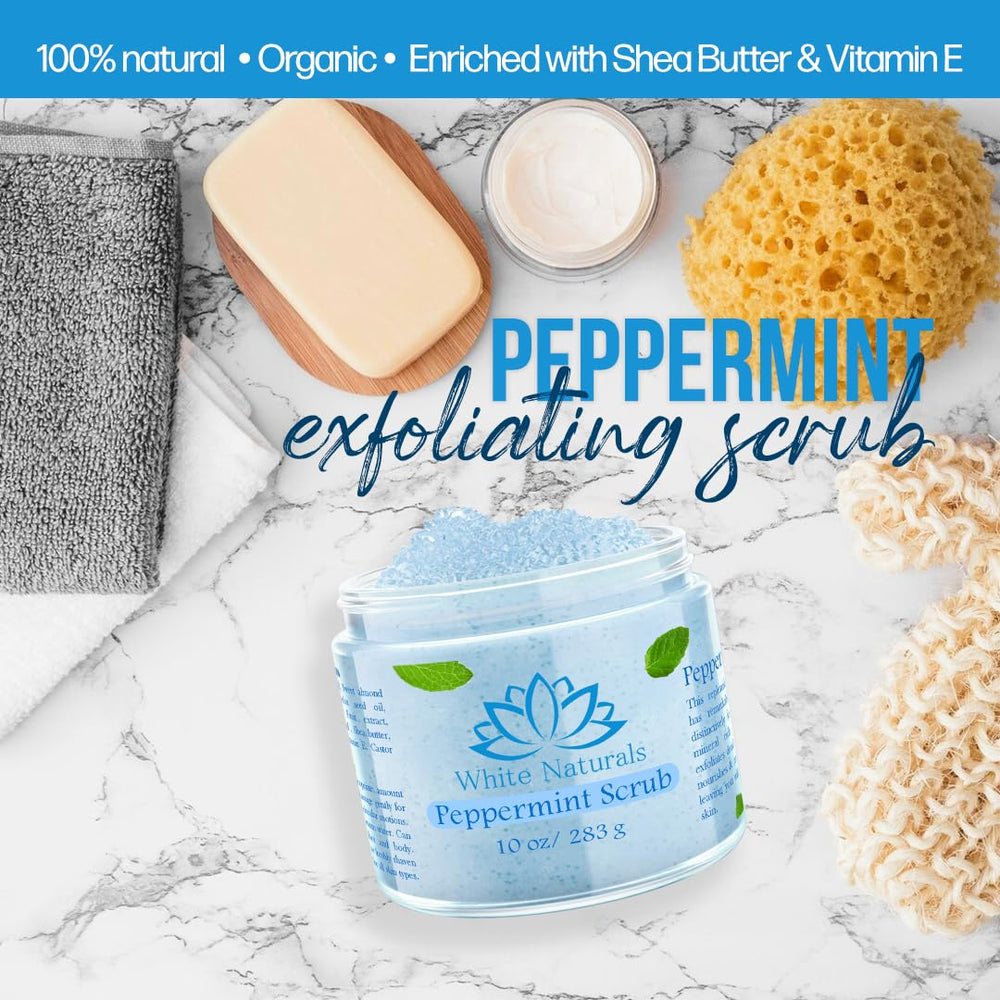 Ingredients display for White Naturals Peppermint Scrub including Dead Sea salt and oils.