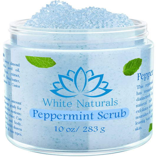 White Naturals Pure Peppermint Scrub jar front showing branding and gentle exfoliation benefits.
