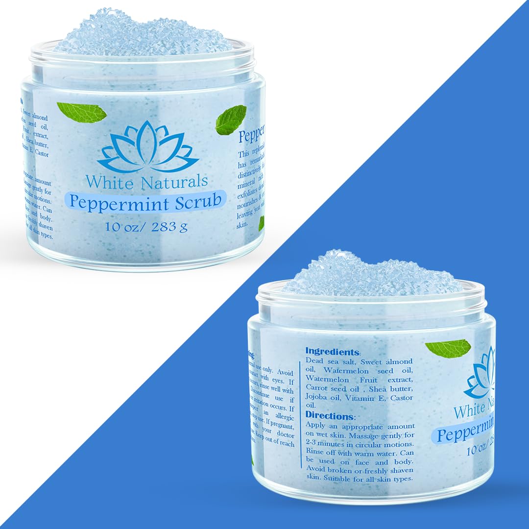 Bottle shot of White Naturals Peppermint Scrub oil blend and ingredients.