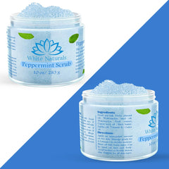 Bottle shot of White Naturals Peppermint Scrub oil blend and ingredients.