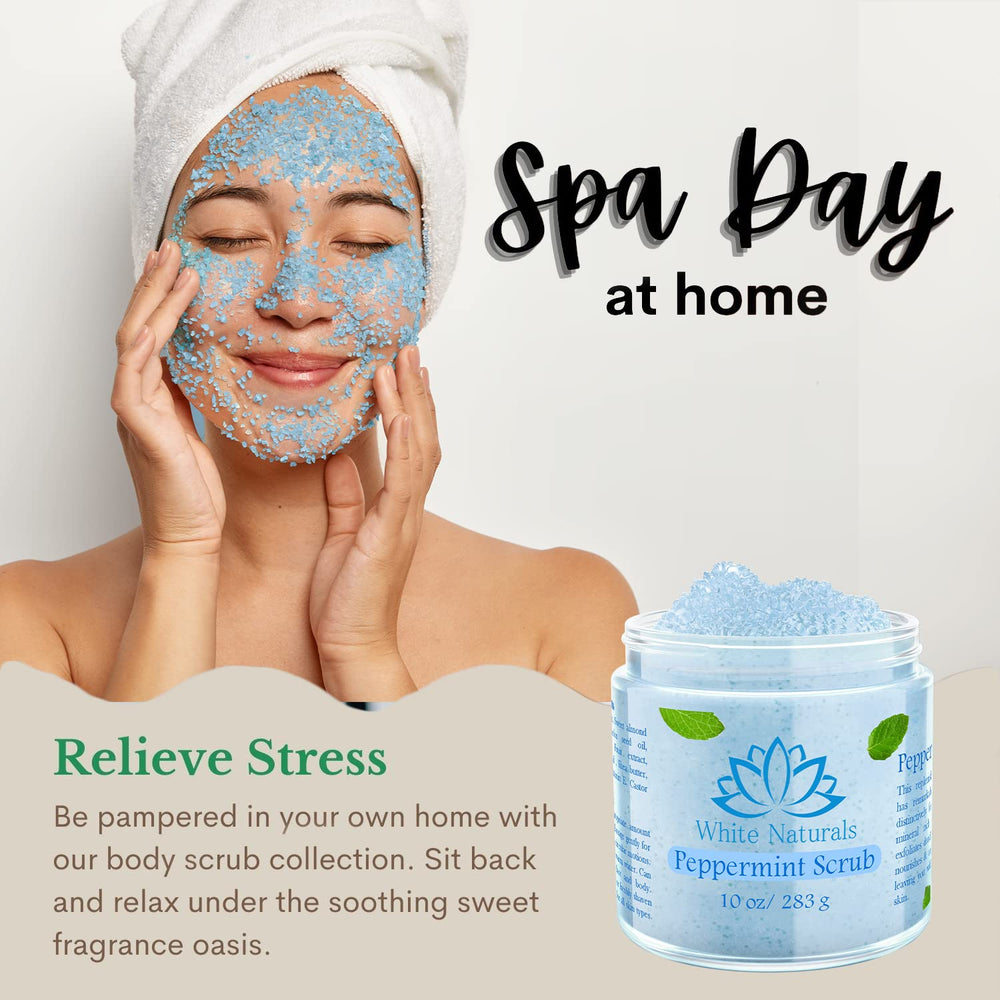 Spa at home setup with White Naturals Peppermint Scrub in the bathroom.