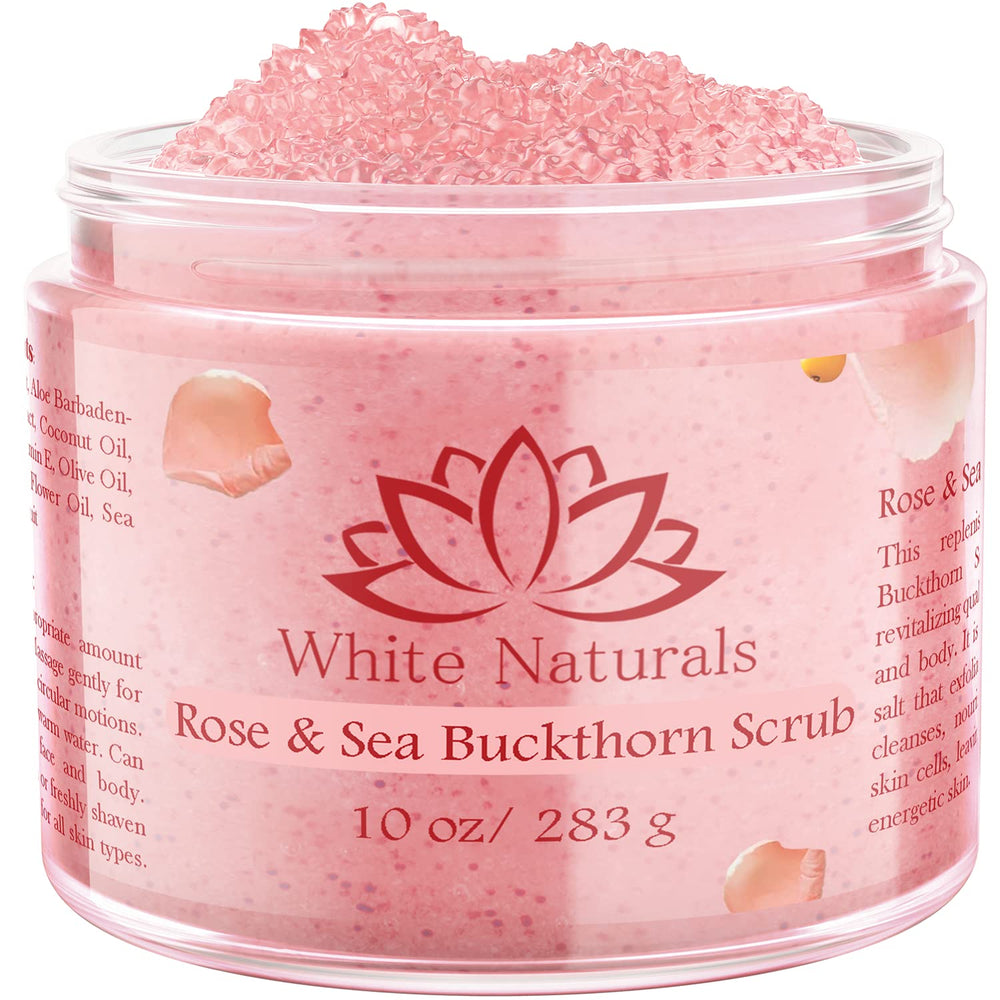 White Naturals rose and sea buckthorn scrub jar for a glowing skin routine