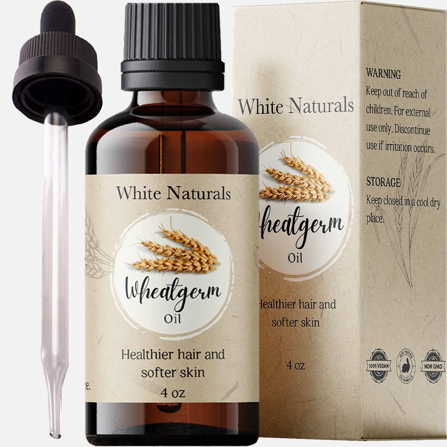 White Naturals Wheat Germ Oil bottle front for skin and hair nourishment
