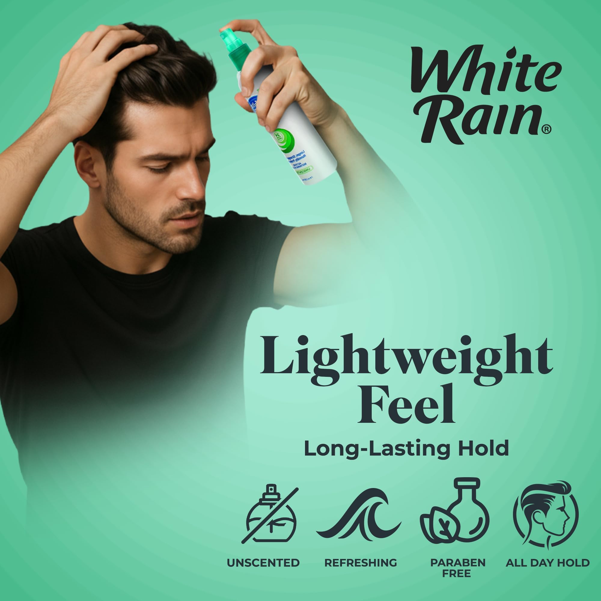 White Rain hairspray with botanical extracts for humidity protection.