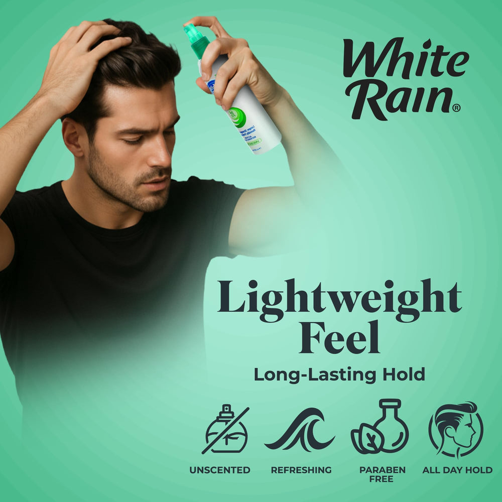 White Rain hairspray with botanical extracts for humidity protection.
