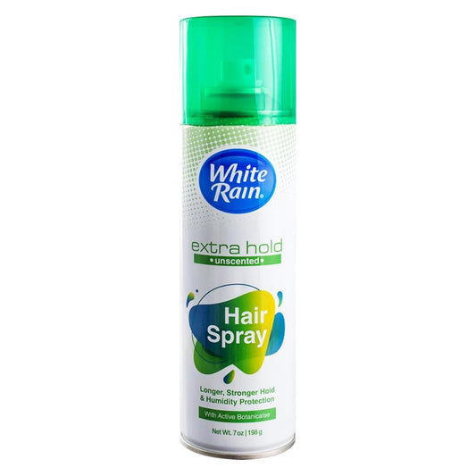 White Rain Hairspray Extra Hold unscented bottle closeup with fragrance-free, long-lasting hold.