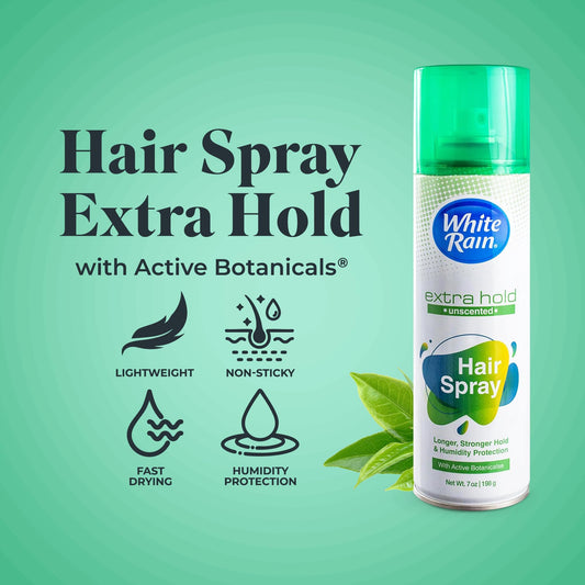 White Rain Hairspray extra hold can dispensing spray for quick, even coverage.