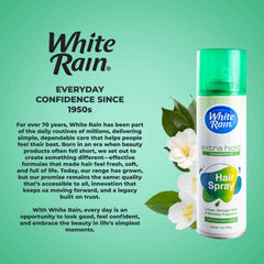 White Rain Hairspray Extra Hold aerosol can supports clean finish.