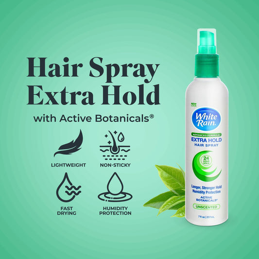 Three-pack White Rain hairspray on shelf emphasizes reliable hold.