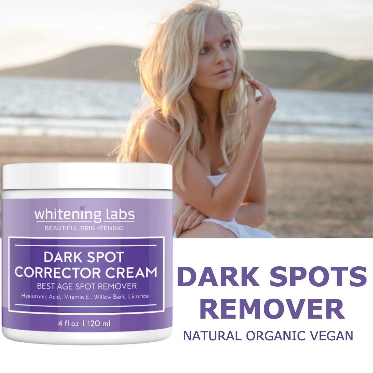 WhiteningLabs Dark Spot Corrector cream jar close-up highlighting creamy texture and daily use on skin.