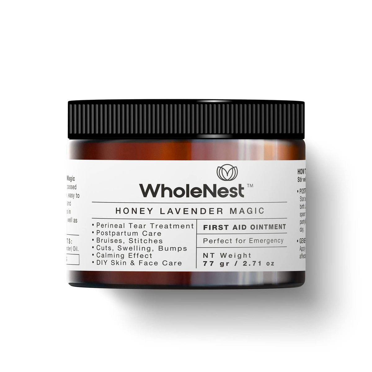 WholeNest Honey Lavender Perineal Balm jar showing natural smooth texture and packaging