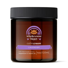 Wholesome Hippy Calm Body Cream lavender bottle for evening relaxation and skin nourishment.