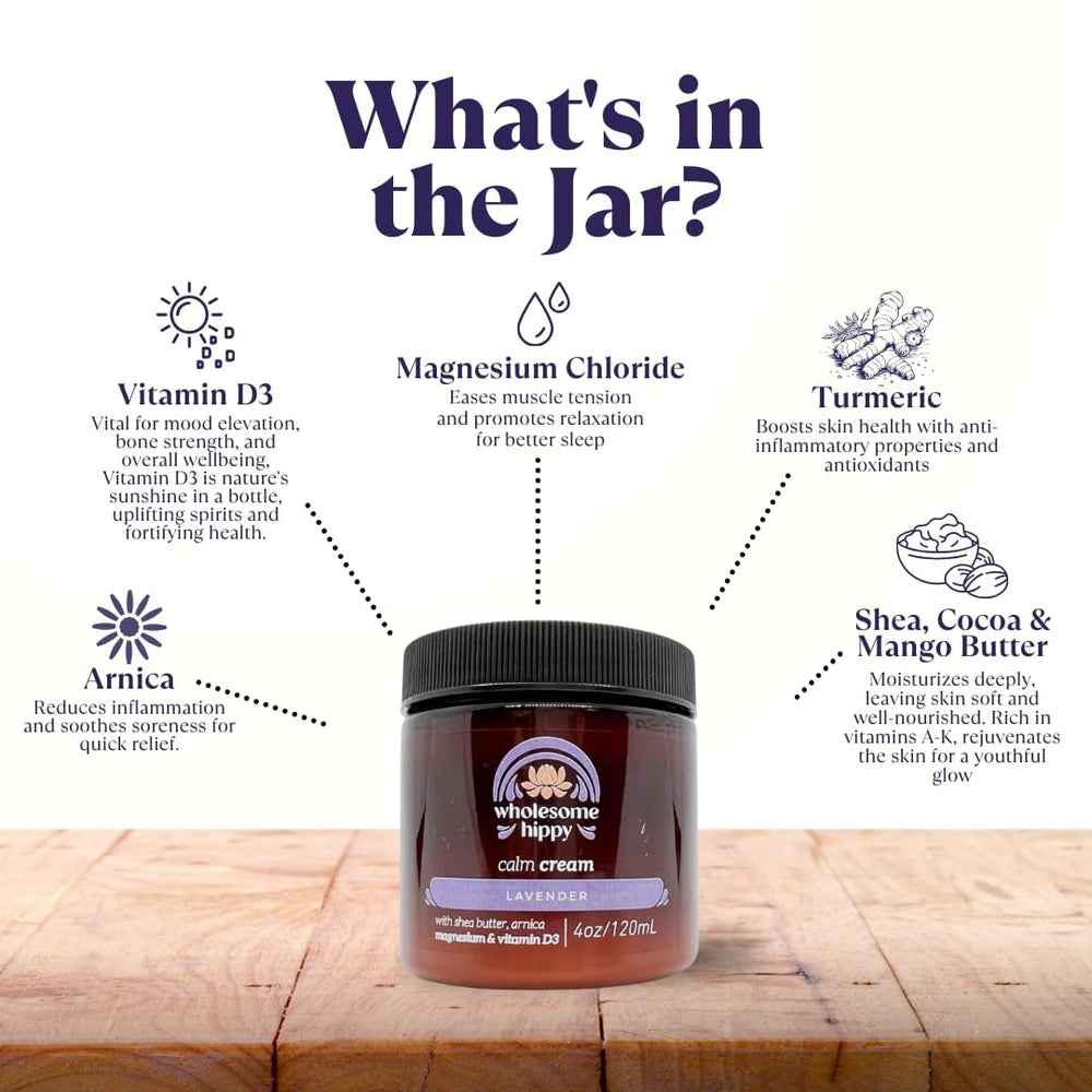 Wholesome Hippy Calm Body Cream magnesium and arnica for post-activity comfort.