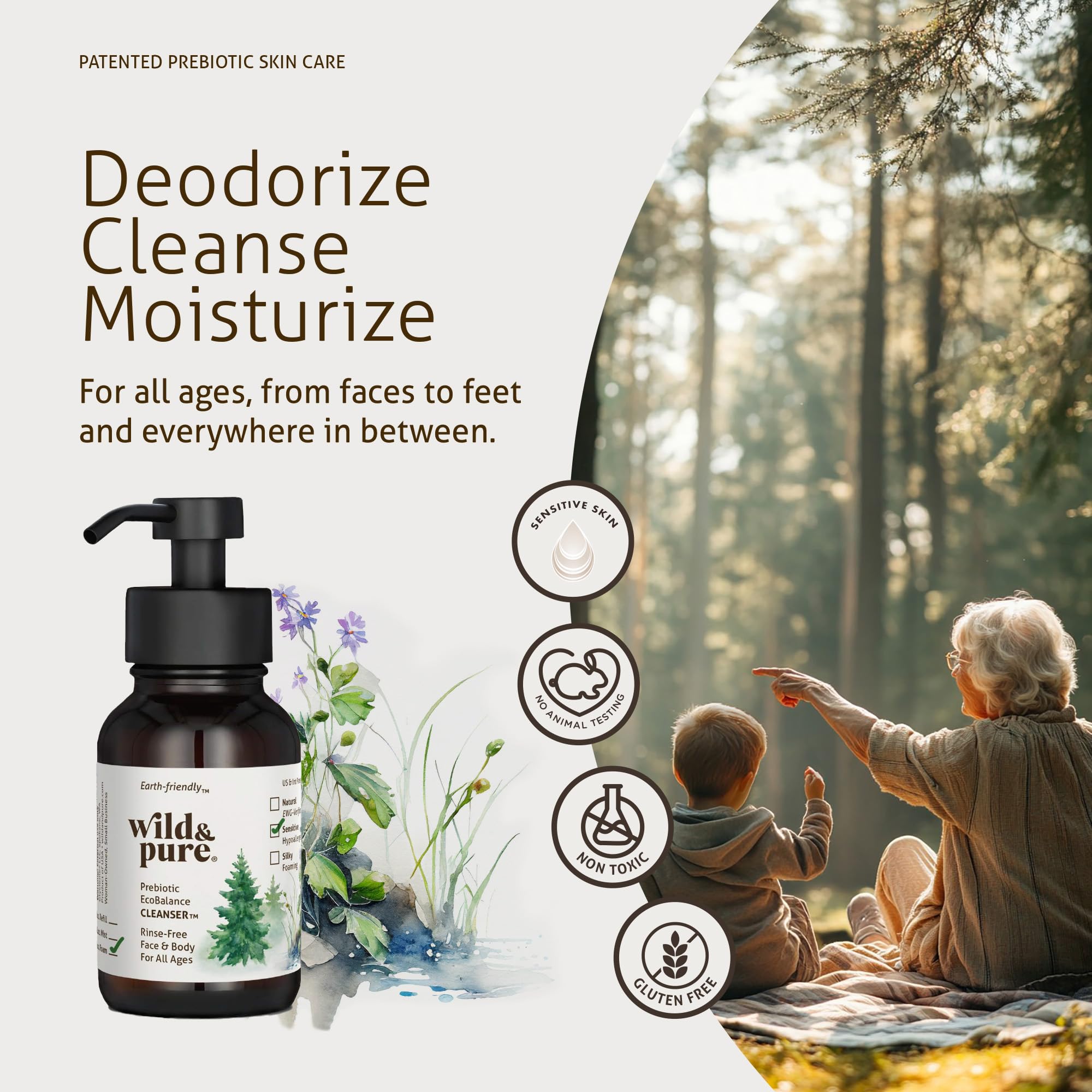 Wild and Pure foaming cleanser closeup suds highlight soft, soap-free foam for versatile use.
