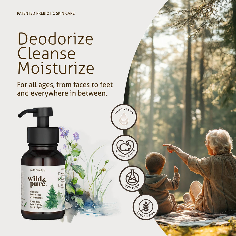 Wild and Pure foaming cleanser closeup suds highlight soft, soap-free foam for versatile use.