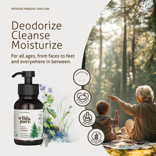 Wild and Pure foaming cleanser closeup suds highlight soft, soap-free foam for versatile use.