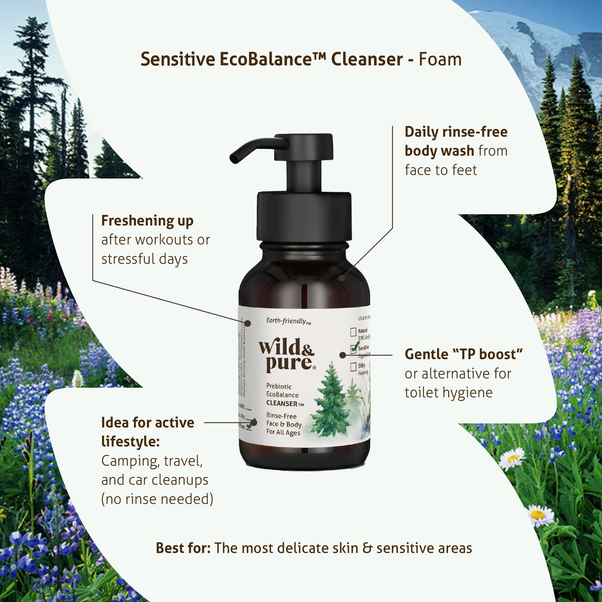 Wild and Pure purifying oils image highlights Siberian fir, neroli, spearmint soothing cleanse.