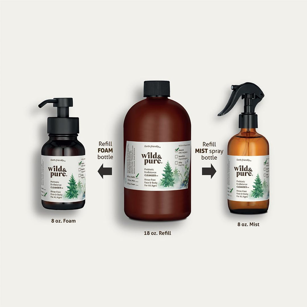 Wild and Pure refillable amber glass bottle showcases sustainable packaging.